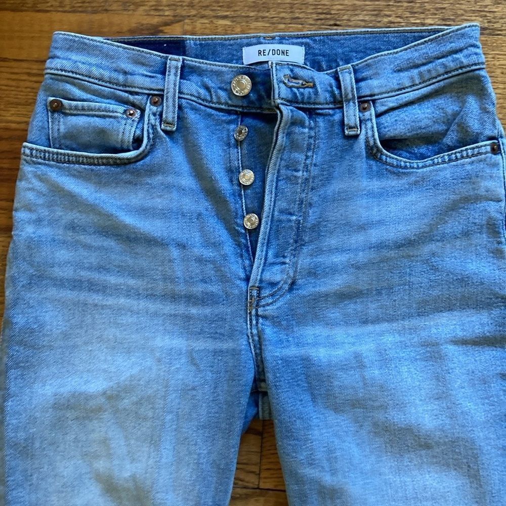 Redone Originals 90’s High Rise Crop Button Fly Destroyed Frayed Hem Jeans Sz 28